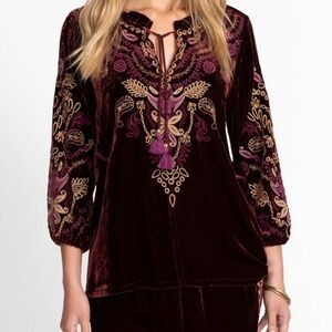 Johnny Was ruby burgundy velvet embroidered field blouse size s-m